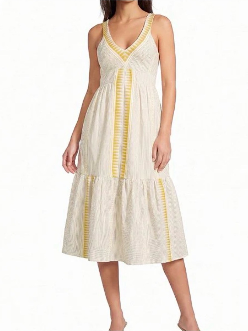 Sleeveless V-Neck Midi Dress in Cream with Yellow Trim